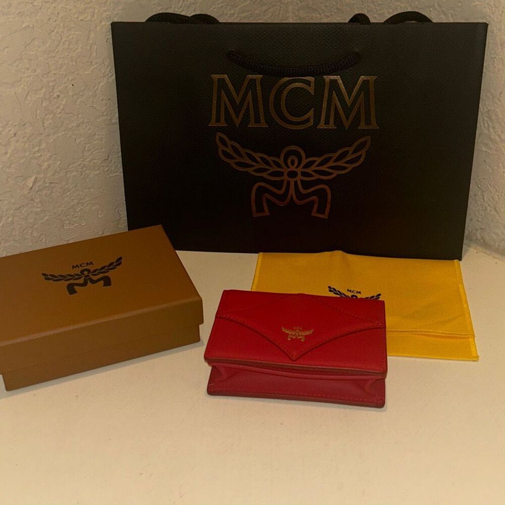 MCM Diamond Quilted Foldover Cardholder Wallet Bright Red Gold Accent Luxury NEW
